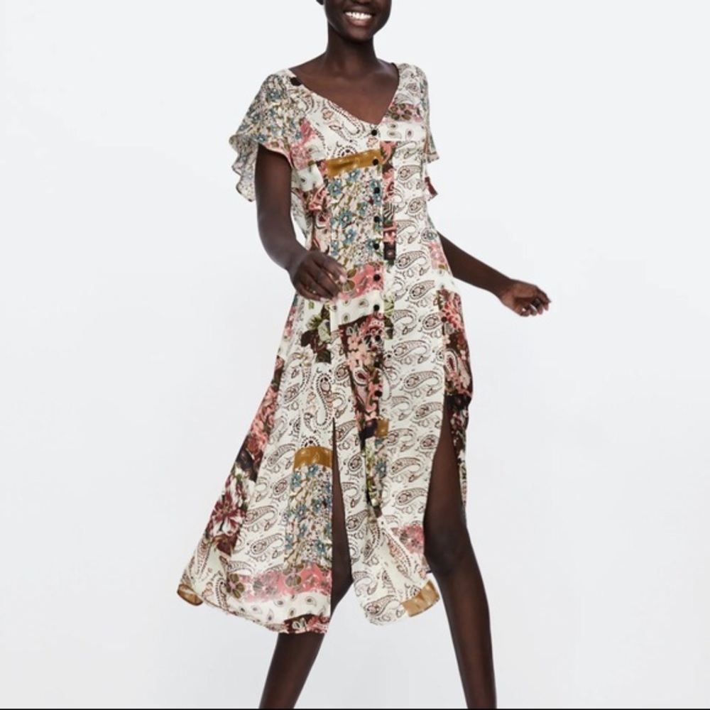 Zara Floral Paisley Flowy Button Down Dress S NWOT